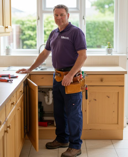 Licensed plumber from Morgan Leak Detection & Plumbing standing by a kitchen sink cabinet during inspection and leak repair in a DFW home.